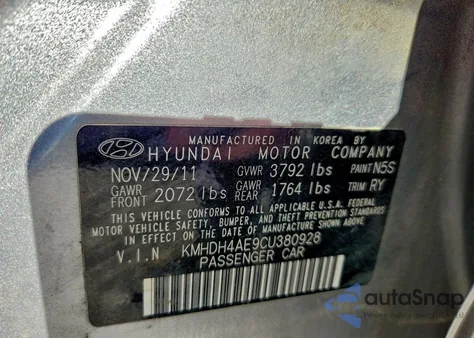 2012 Hyundai Elantra Gls z USA, uszkodzony, nr VIN KMHDH4AE9CU380928